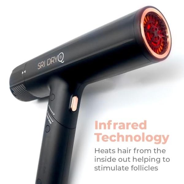 Skin Research Institute DryQ “Smart” Hair Dryer - Super Lightweight, Foldable - Powerful, Quiet Motor - Infrared and Ionic Technology - 3 Magnetic Attachments - Heat Control with L
