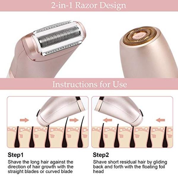 Electric Razor for Women - Painless 2-in-1 Shaver for Women Hair Remover for Face, Legs and Underarm Wet & Dry, Portable Bikini Trimmer, Lady Hair Removal with 2 Trimmer Heads- Mic