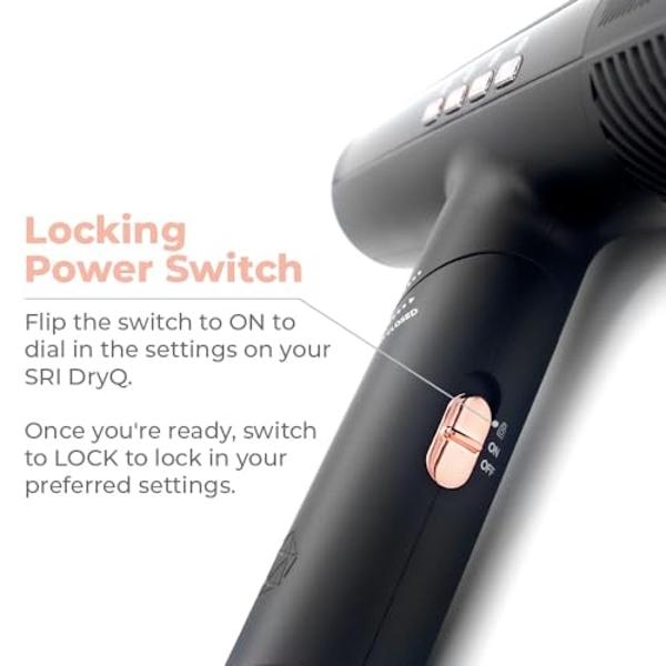 Skin Research Institute DryQ “Smart” Hair Dryer - Super Lightweight, Foldable - Powerful, Quiet Motor - Infrared and Ionic Technology - 3 Magnetic Attachments - Heat Control with L