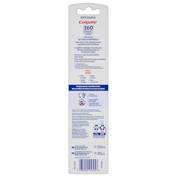 Colgate 360 Vibrate Deep Clean Battery Operated Toothbrush Pack, Disposable Electric Toothbrush with 1 AAA Battery Included, Whole Mouth Clean, 2 Pack