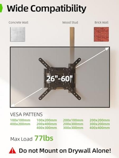USX Mount UL Listed TV Wall Mount for Most 26-60 Inch TVs, TV Mount Rotating Swivel Tilt Center Corner Design on Single Stud, TV Brackets for Wall Mount Up to 77 lbs Max VESA 400x4