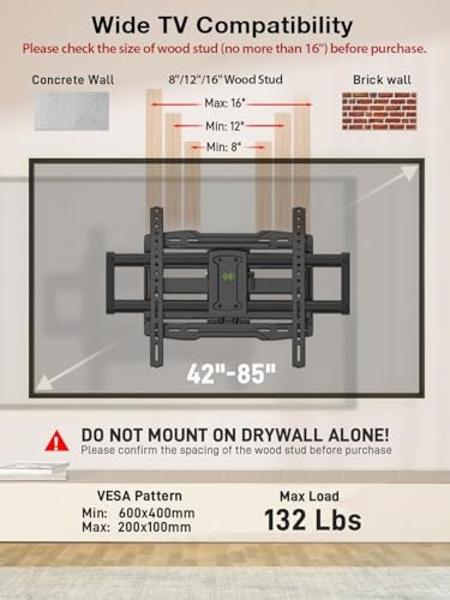 USX Mount Full Motion TV Wall Mount for 42-85 inch, TV Mount Swivel and Tilt,Wall Mount Bracket with Dual Articulating Arms Up to 132lbs, VESA 600x400mm, 16" Wood Studs, UL Listed 