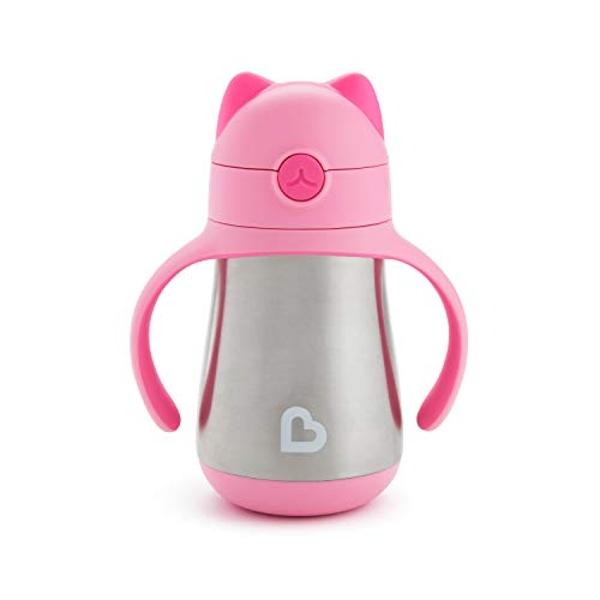 Munchkin Cool Cat Sippy Cup for Toddlers, Stainless Steel Straw Cup, 8 Ounce, Pink