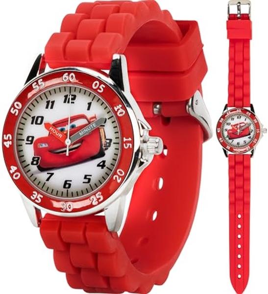 Disney Pixar Cars Kids' Time-Teaching Watch – Lightning McQueen Design with Red Silicone Strap, Easy-to-Read Dial, and Adjustable Fit for Wrists 5.5" to 8"
