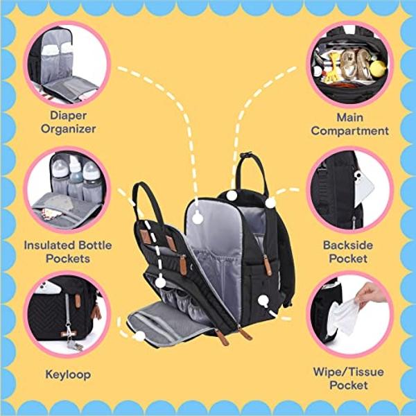 iniuniu Diaper Bag Backpack, 4 in 1 kit Large Unisex Baby Boys Girls Waterproof Travel Back Pack with Diaper Pouch, Washable Changing Pad, Pacifier Case and Stroller Straps, Black