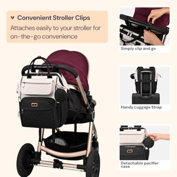 BabbleRoo Diaper Bag Backpack, Multifunction Nappy Changing Bag with Changing Pad, Stroller Straps & Pacifier Case, Unisex Stylish Travel Back Pack for Moms & Dads – Apricot & Blac