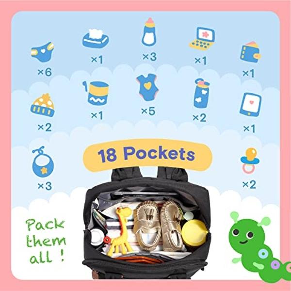 iniuniu Diaper Bag Backpack, 4 in 1 kit Large Unisex Baby Boys Girls Waterproof Travel Back Pack with Diaper Pouch, Washable Changing Pad, Pacifier Case and Stroller Straps, Black
