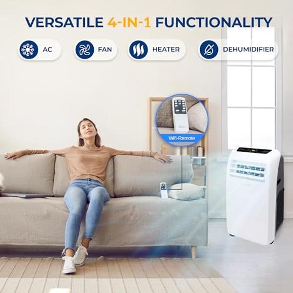 SereneLife Small Air Conditioner Portable 10,000 BTU with Built-in Dehumidifier + Heat - Portable AC unit for rooms up to 450 sq ft - Remote Control, Window Mount Exhaust Kit