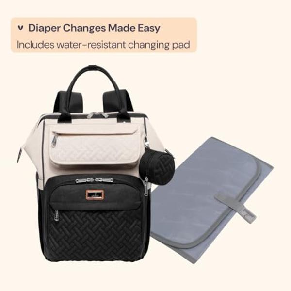 BabbleRoo Diaper Bag Backpack, Multifunction Nappy Changing Bag with Changing Pad, Stroller Straps & Pacifier Case, Unisex Stylish Travel Back Pack for Moms & Dads – Apricot & Blac