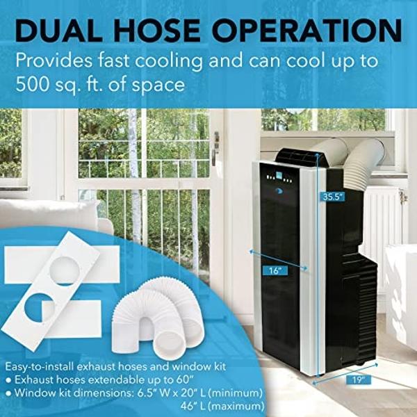 Whynter Portable Air Conditioner 14,000 BTU with Dual Hose Dehumidifier & Cooling Fan for 500 Sq Ft Rooms, Includes AC Unit Window Kit, ARC-14S (9,500 SACC)