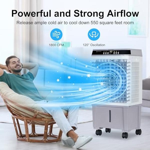 Uthfy Swamp Cooler Air Conditioner, Evaporative Air Cooler with 5.3 Gallon Water Tank, 4 Ice Box, Remote, 12H Timer, 120°Oscillation, Portable Cooling Fan with 3 Speeds for Bedroom