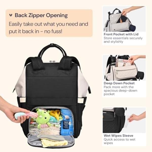 BabbleRoo Diaper Bag Backpack, Multifunction Nappy Changing Bag with Changing Pad, Stroller Straps & Pacifier Case, Unisex Stylish Travel Back Pack for Moms & Dads – Apricot & Blac