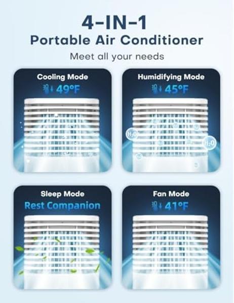 CENSTECH 4-IN-1 Portable Air Conditioners, Evaporative Air Cooler w/4 Modes & 3 Speeds, 15H Timer for Smart Auto-off, 2-Gal Tank for 20H Cooling,17FT Remote,No Hose Needed,120°Osci