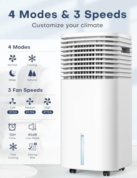 CENSTECH 4-IN-1 Portable Air Conditioners, Evaporative Air Cooler w/4 Modes & 3 Speeds, 15H Timer for Smart Auto-off, 2-Gal Tank for 20H Cooling,17FT Remote,No Hose Needed,120°Osci