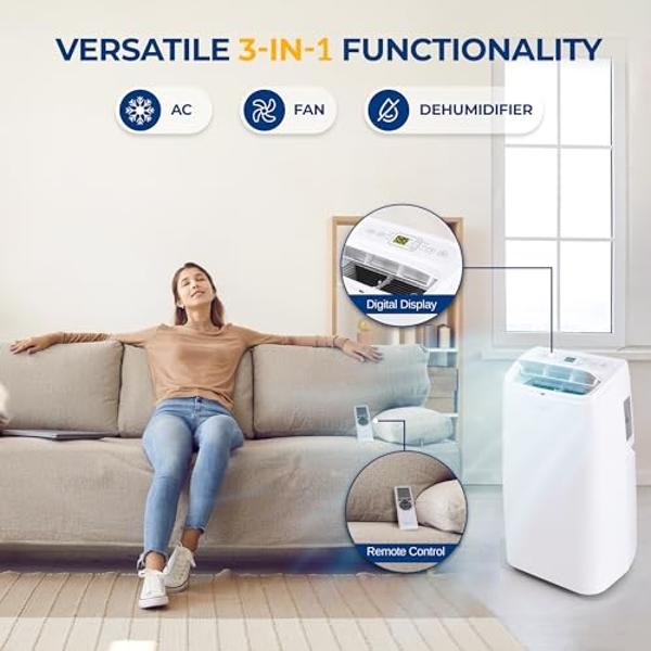 SereneLife SLPAC12.5 SLPAC 3-in-1 Portable Air Conditioner with Built-in Dehumidifier Function,Fan Mode, Remote Control, Complete Window Mount Exhaust Kit, 12,000 BTU, White