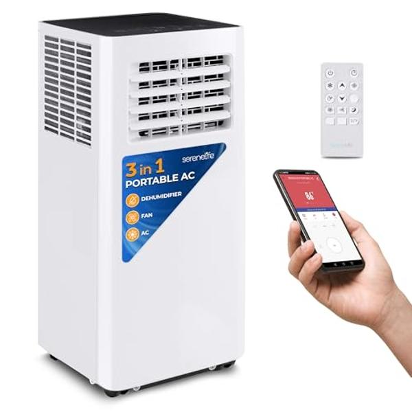 SereneLife SLPAC805W.5 Air Conditioner + Built-in Dehumidifier Portable AC Unit Cools Rooms Up to 400sq ft-Includes Remote Control & Window Sealing Kit, 8,000 BTU + WiFi, White-Bla