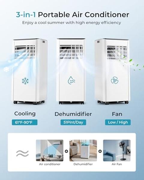 EUHOMY 8,000 BTU Portable Air Conditioners, 4-in-1 Portable AC Unit Up to 350 Sq.Ft, 4 Modes Quiet Air Conditioner with Remote Control, Cool, Fan, Dehumidifier，24H Timer, Bedroom, 