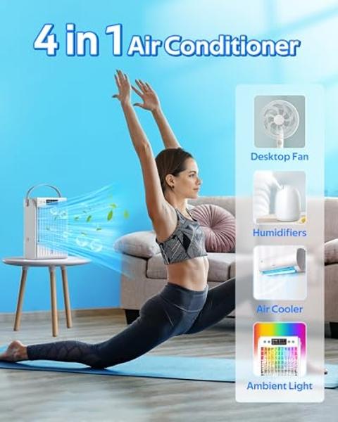 CENSTECH 4-IN-1 Portable Air Conditioners, Evaporative Air Cooler w/4 Modes & 3 Speeds, 15H Timer for Smart Auto-off, 2-Gal Tank for 20H Cooling,17FT Remote,No Hose Needed,120°Osci