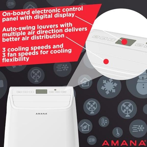 Amana AMAP141AW 13,000 BTU Air Conditioner with Remote Control, Portable AC for Rooms up to 450 Sq.Ft. with 24H Timer, 3-Speeds, LCD Display, Auto-Restart, and Wheels, White, Up to
