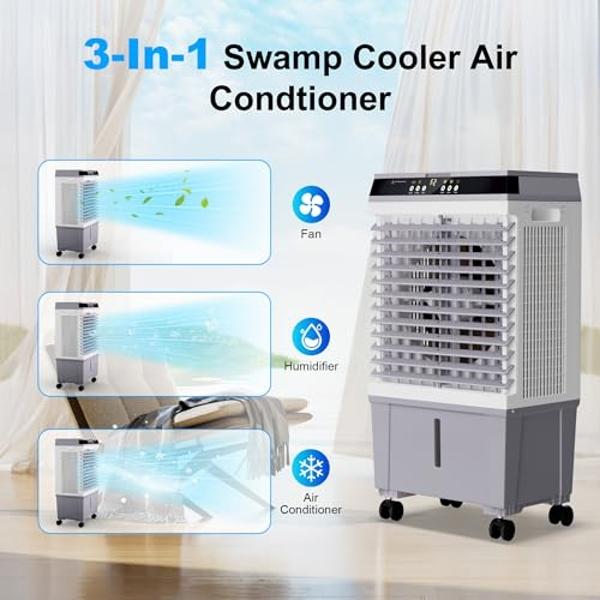 Uthfy Swamp Cooler Air Conditioner, Evaporative Air Cooler with 5.3 Gallon Water Tank, 4 Ice Box, Remote, 12H Timer, 120°Oscillation, Portable Cooling Fan with 3 Speeds for Bedroom