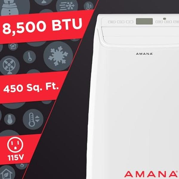 Amana AMAP141AW 13,000 BTU Air Conditioner with Remote Control, Portable AC for Rooms up to 450 Sq.Ft. with 24H Timer, 3-Speeds, LCD Display, Auto-Restart, and Wheels, White, Up to