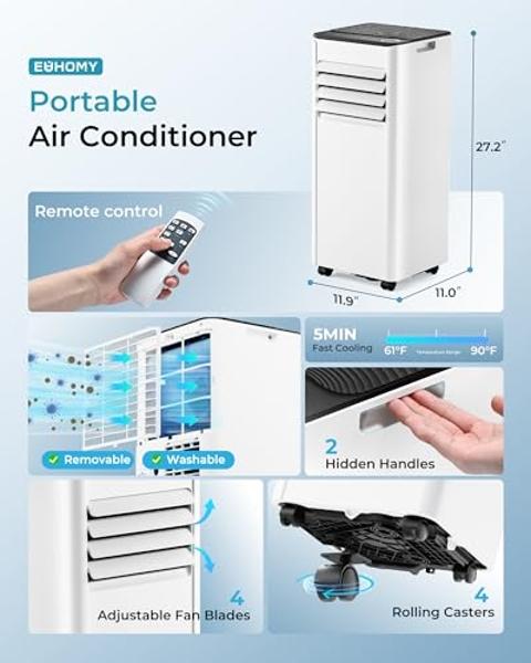 EUHOMY 8,000 BTU Portable Air Conditioners, 4-in-1 Portable AC Unit Up to 350 Sq.Ft, 4 Modes Quiet Air Conditioner with Remote Control, Cool, Fan, Dehumidifier，24H Timer, Bedroom, 