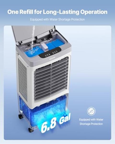 VEVOR Evaporative Air Cooler & Swamp Cooler, 1800 CFM Air Conditioner with 6.8 Gallon Water Reservoir, Remote Control, 12H Timer, 4 Ice Containers, 3 Fan Speeds, Air Humidifier, an