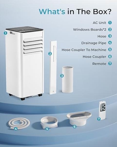 EUHOMY 8,000 BTU Portable Air Conditioners, 4-in-1 Portable AC Unit Up to 350 Sq.Ft, 4 Modes Quiet Air Conditioner with Remote Control, Cool, Fan, Dehumidifier，24H Timer, Bedroom, 
