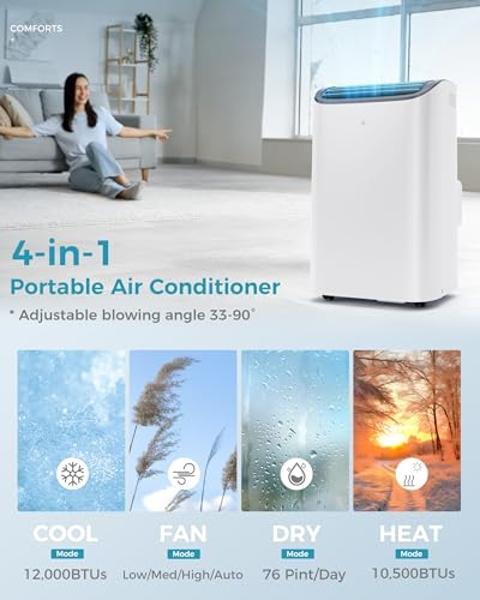 EUHOMY Portable Air Conditioners 12,000 Btu, 4 in 1 Portable Cooling AC with Heat, Dehumidifier, Fan Modes, Quiet Stand-up AC with 46dB Low Noise & Sleep Mode for Bedrooms, room up