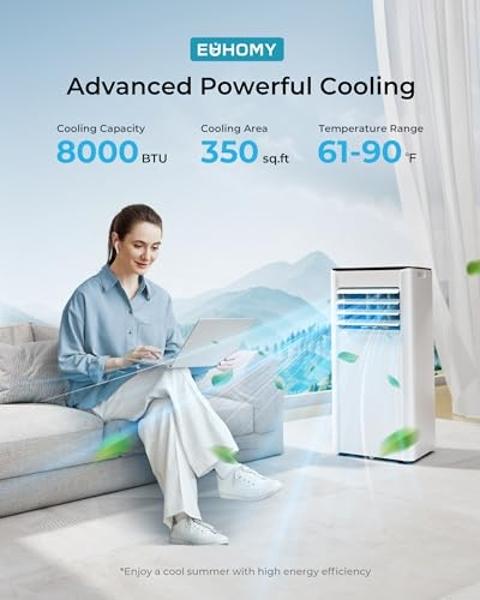 EUHOMY 8,000 BTU Portable Air Conditioners, 4-in-1 Portable AC Unit Up to 350 Sq.Ft, 4 Modes Quiet Air Conditioner with Remote Control, Cool, Fan, Dehumidifier，24H Timer, Bedroom, 