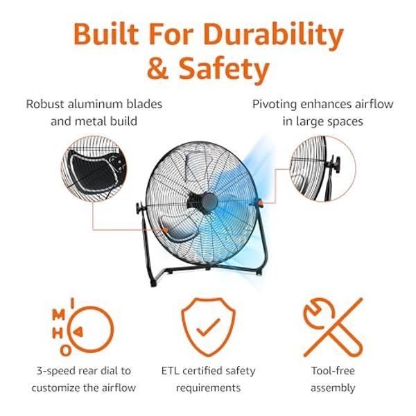 Amazon Basics 20" High Velocity Industrial Fan, Floor Fan, with 3 Speeds, Tilt Head, ETL-Listed Safety Compliance, Metal Housing/Blades, Ideal for Industrial/Commercial Space/Garag