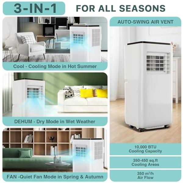 10000 Btu Portable Air Conditioners, 4 In 1 Portable Ac Cools with Remote Control and 24H Timer for Room Up to 450 Sq.Ft, Child Lock, Portable Air Conditioners Kits for Home, Offic