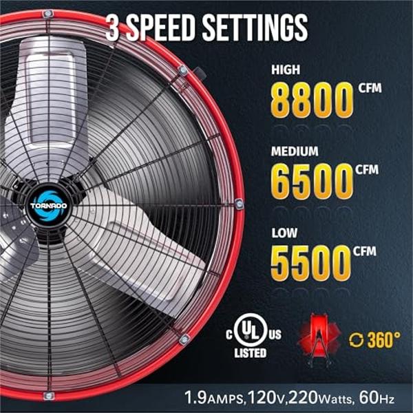Tornado 24 Inch High Velocity Heavy Duty Tilt Metal Drum Fan Wide Version Red Commercial, Industrial Use 3 Speed 8800 CFM - 8 FT Cord UL Safety Listed (RED)