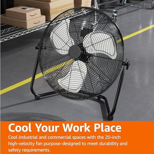 Amazon Basics 20" High Velocity Industrial Fan, Floor Fan, with 3 Speeds, Tilt Head, ETL-Listed Safety Compliance, Metal Housing/Blades, Ideal for Industrial/Commercial Space/Garag