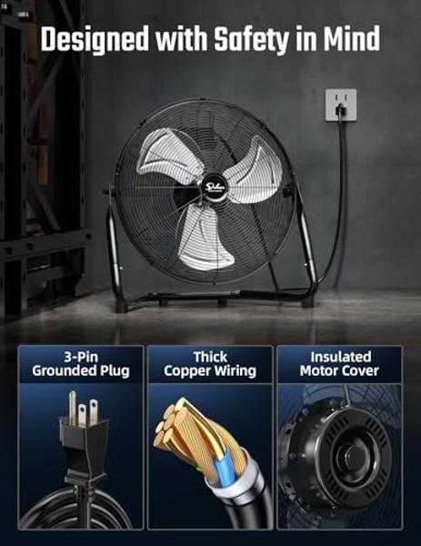 Tornado 20 Inch High Velocity Metal Floor Fan, 3-Speed Powerful Cooling for Industrial, Commercial, and Home Spaces, 120°Tilt, 6.0 FT Cord - UL safety Listed, Black