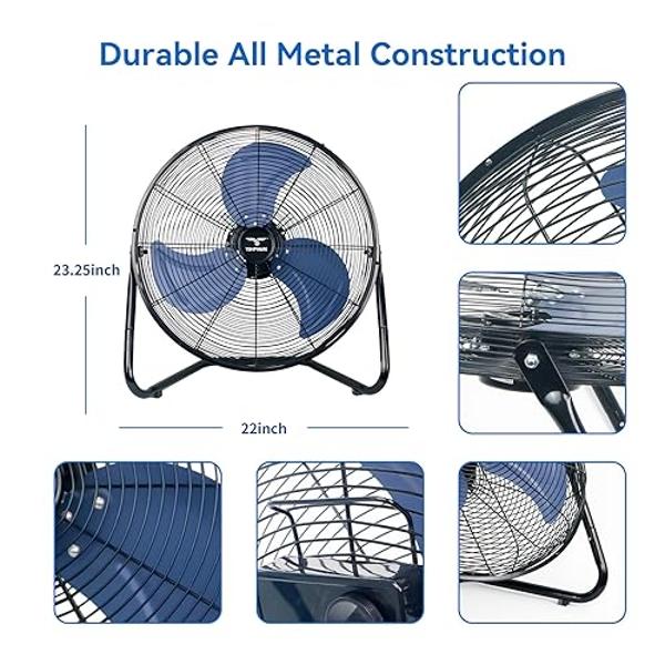 Amazon Basics 20" High Velocity Industrial Fan, Floor Fan, with 3 Speeds, Tilt Head, ETL-Listed Safety Compliance, Metal Housing/Blades, Ideal for Industrial/Commercial Space/Garag