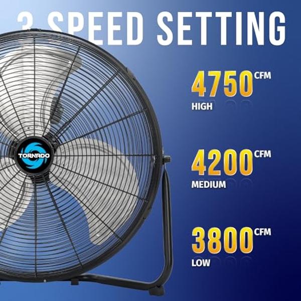 Tornado 20 Inch High Velocity Metal Floor Fan, 3-Speed Powerful Cooling for Industrial, Commercial, and Home Spaces, 120°Tilt, 6.0 FT Cord - UL safety Listed, Black