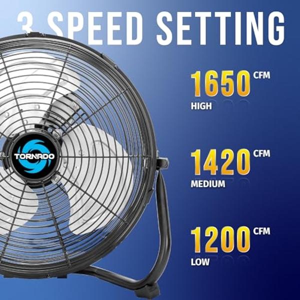 Tornado 12 Inch Industrial Powerful Metal Floor Fan, 3-Speed High Velocity Cooling Floor Fan for Industrial, Commercial, and Home Spaces, 120°Tilt, 6.0 FT Cord, Black