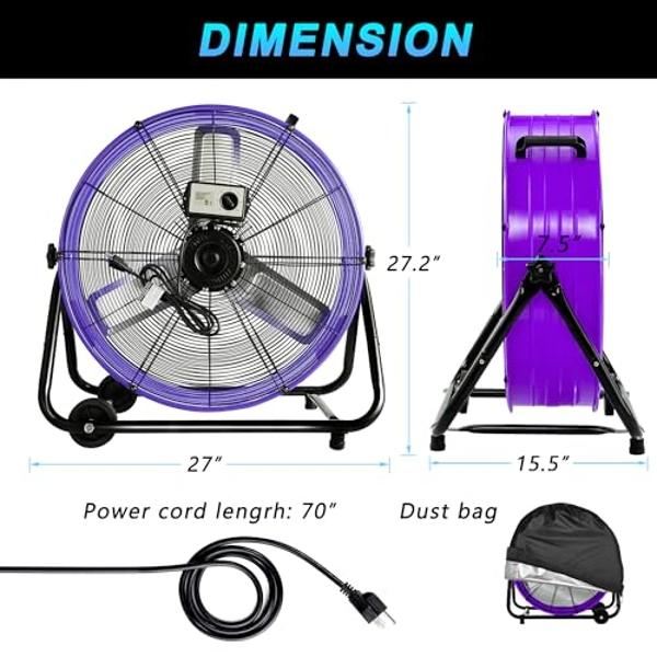 Tornado 24 Inch High Velocity Heavy Duty Tilt Metal Drum Fan Wide Version Red Commercial, Industrial Use 3 Speed 8800 CFM - 8 FT Cord UL Safety Listed (RED)