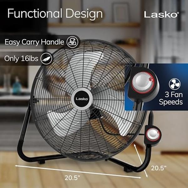 Lasko 20" Black High Velocity Wall Mount Fan with Pivoting Head - 3 Speeds, Ideal Wall Mount Fan or Floor Fans for Home, Garage, Attic, 2264QM