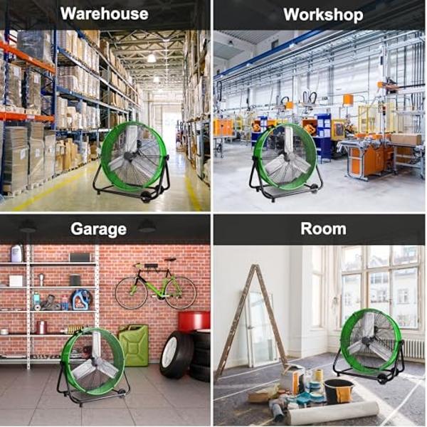 Tech Drive Heavy Duty Metal Industrial Drum Fan, 24 inch High Velocity Shop Fan, 2 Speed Large Floor Fan for Warehouse, Workshop, Factory, Garage, All Metal, Black