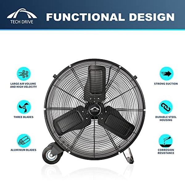 Tech Drive Heavy Duty Metal Industrial Drum Fan, 24 inch High Velocity Shop Fan, 2 Speed Large Floor Fan for Warehouse, Workshop, Factory, Garage, All Metal, Black