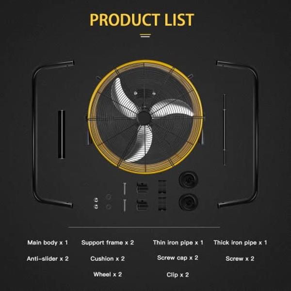 Heavy Duty Metal Industrial Drum Fan, 3 Speed Floor Fan for Warehouse, Workshop, Factory and Basement - High Velocity, Yellow, 24 Inch
