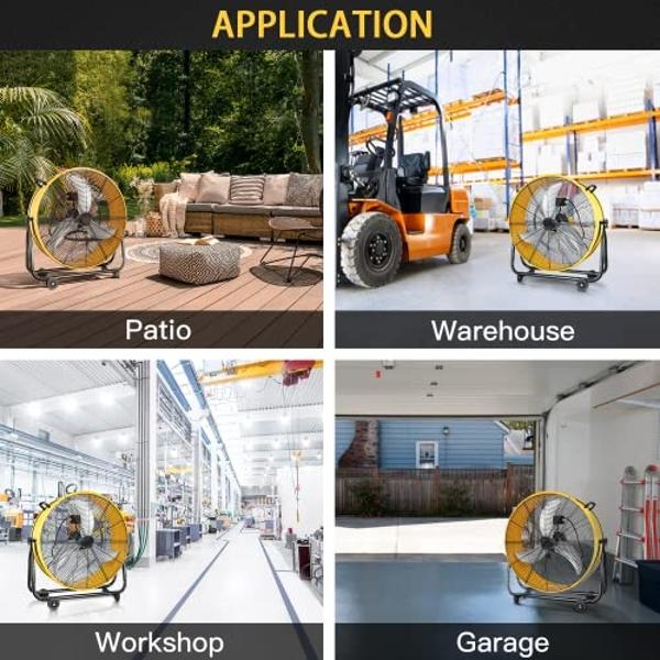 Heavy Duty Metal Industrial Drum Fan, 3 Speed Floor Fan for Warehouse, Workshop, Factory and Basement - High Velocity, Yellow, 24 Inch