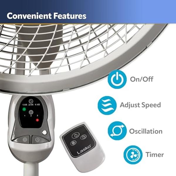 Lasko Cyclone Pedestal Fan, Adjustable Height, Remote Control, Timer, 3 Speeds, for Bedroom, Kitchen, Office and Living Room, 18", White, 1885, Large