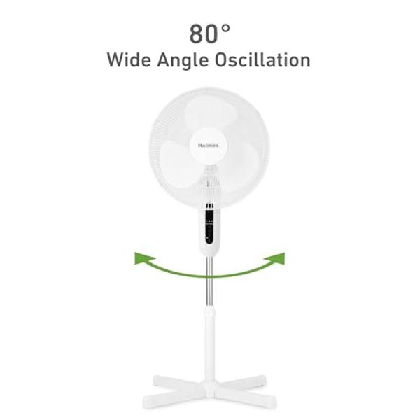 Holmes 16" Digital Stand Fan, 80° Oscillation, 3 Speeds, 3 Modes, 7.5-Hour Timer, Adjustable Height, 30° Head Tilt, Ideal for Home, Bedroom or Office, Remote Control, White