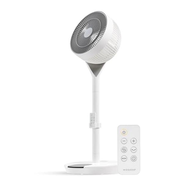 IRIS USA WOOZOO, Pedestal Standing Fan with Remote, 360 Oscillating, 12 Speeds, Low Noise DC Motor, 8h Timer, Touch Panel, Height Adjustable, White/Gray