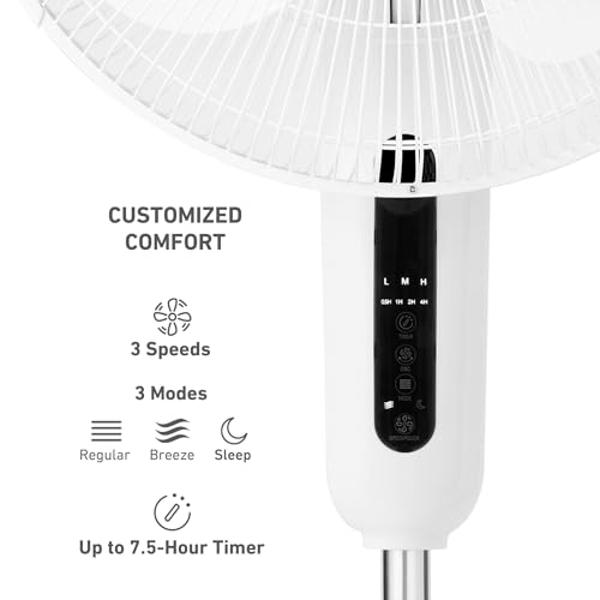 Holmes 16" Digital Stand Fan, 80° Oscillation, 3 Speeds, 3 Modes, 7.5-Hour Timer, Adjustable Height, 30° Head Tilt, Ideal for Home, Bedroom or Office, Remote Control, White