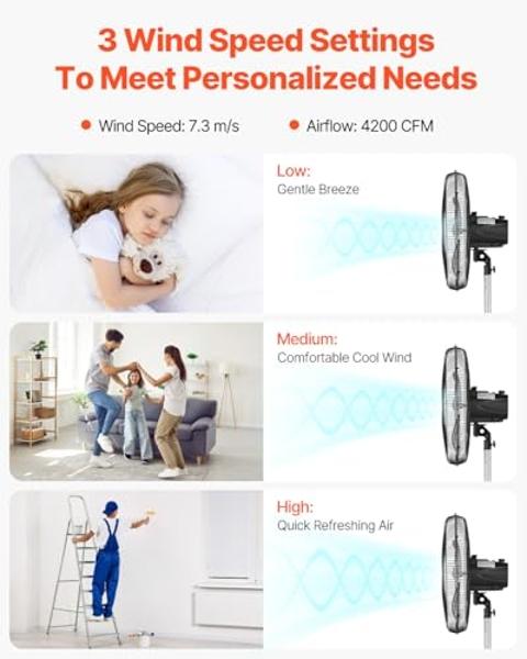 VEVOR Industrial Pedestal Fan, 20 Inch 90-Degree Oscillating Fan, Height Adjustable Standing Fans with 3 Adjustable Speeds, High Power Floor Fans for Bedroom, Living Room, Home, Of