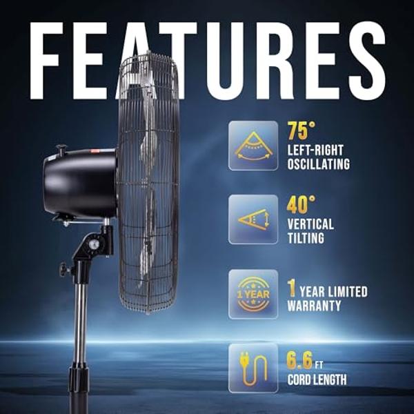Tornado 20” Oscillating Pedestal Fan – 5000 CFM, Stand Fan, 3-Speed, 1/6 HP, 6.6 FT, Industrial & Commercial Use, UL Listed